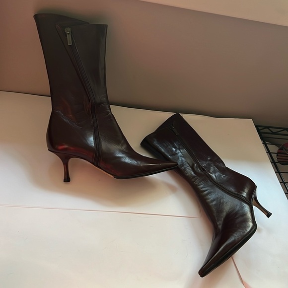 Jimmy Choo Sz 35 Brown Leather Kitten Heel Mid Leg Side Zip Boots - Picture 4 of 13